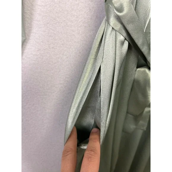 Vintage Regencycore Scaasi Womens Petite Sage Green Satin Lace Wrap Robe Pockets - Picture 6 of 10